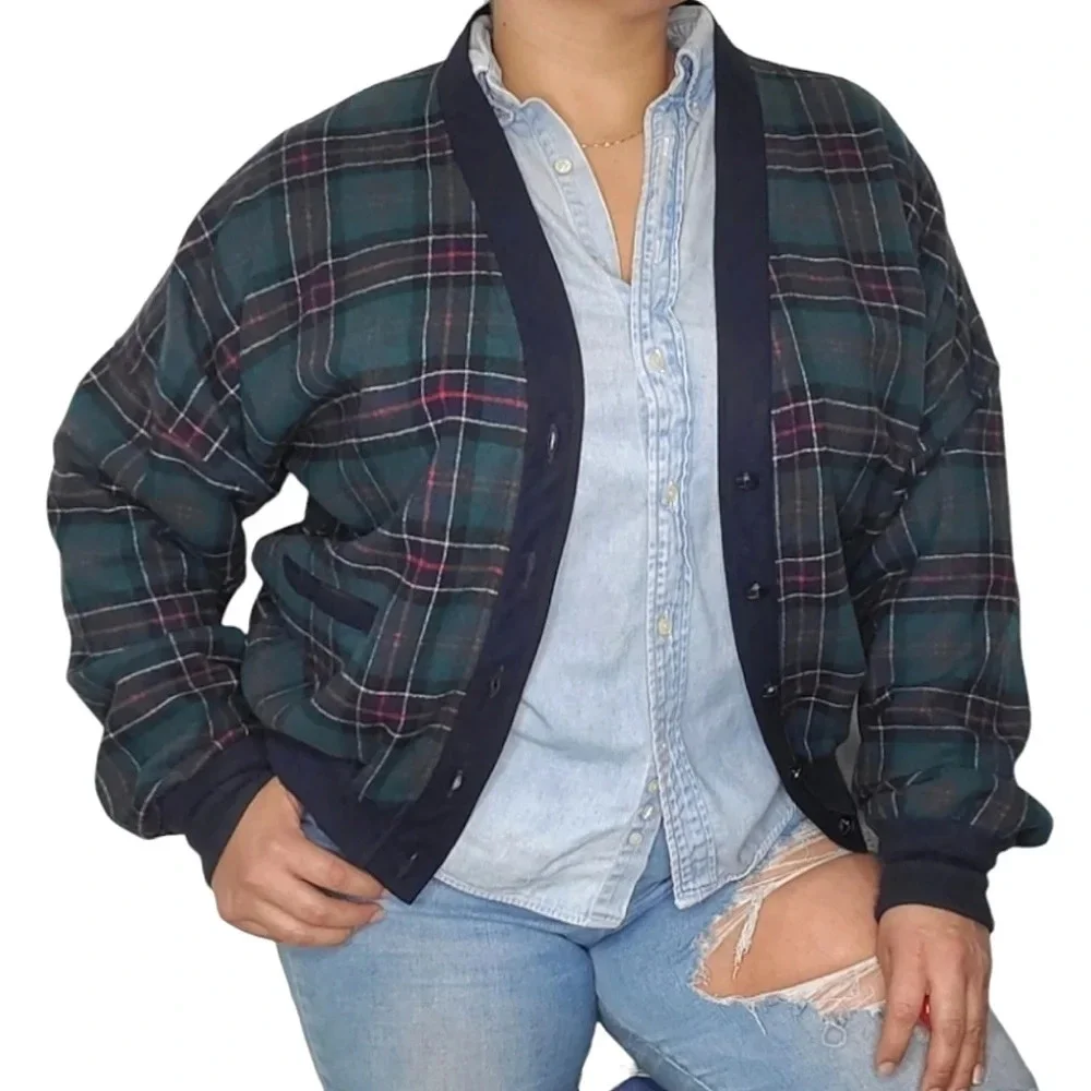 Vintage Pendleton Wool Cardigan Men's M Green Teal Plaid Grandpa Sweater USA 80s